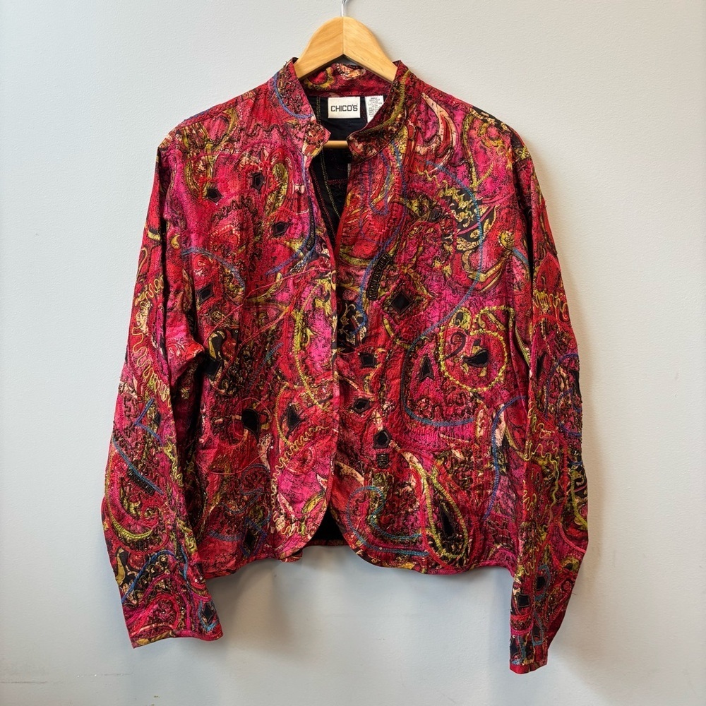 NWT Vintage Chico's size 3 Jacket Cardigan Blazer Open Silk Embroidered Beaded